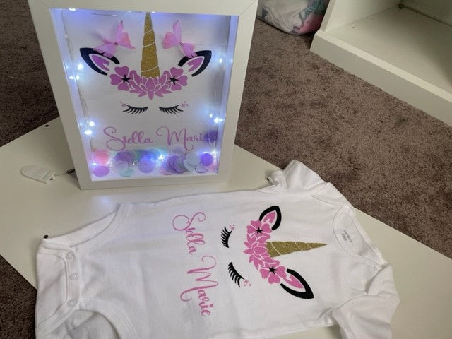 Unicorn shadowbox with lights and matching t-shirt or onesie